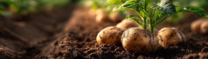 Freshly grown tuber vegetables partially unearthed from rich, dark soil beside their growing plant