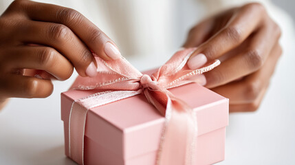 Close-up of an African American woman's hands tying a silk ribbon on a premium Easter gift box, elegant pastel aesthetic, soft studio lighting, sharp focus on ribbon texture and sk