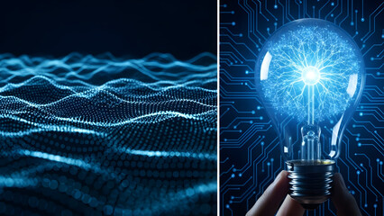 Innovative technology concept with glowing lightbulb and digital waves