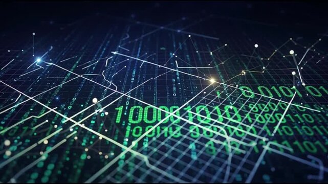 A futuristic digital landscape with binary code and network connections viewed from a high angle