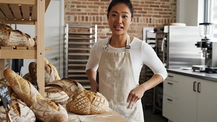 Smiling Baker Woman Artisan Bread Bakery Business Small Business Food Production Baking Process Freshly Baked Goods Delicious Pastries Craftsmanship Entrepreneurship Success