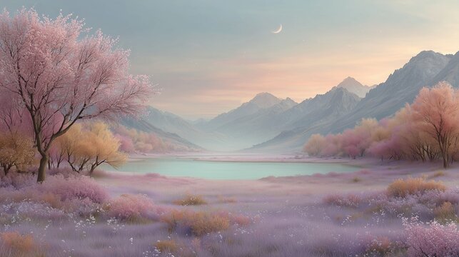 fairy-tale meadow with dreamy landscape in an enchanted surrounding. laptop wallpaper or background design.