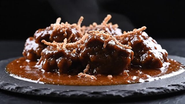 Rich braised beef chunks in glossy brown sauce on a dark slate, topped with shredded cheeses, herbs
