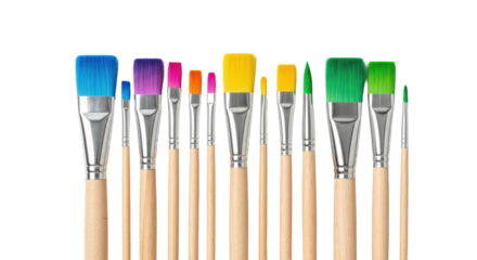 Macro, flat lay of fifteen new artist paintbrushes (blue, magenta, yellow bristles, birch handles) precisely aligned on transparent background, concept of professional studio product photography