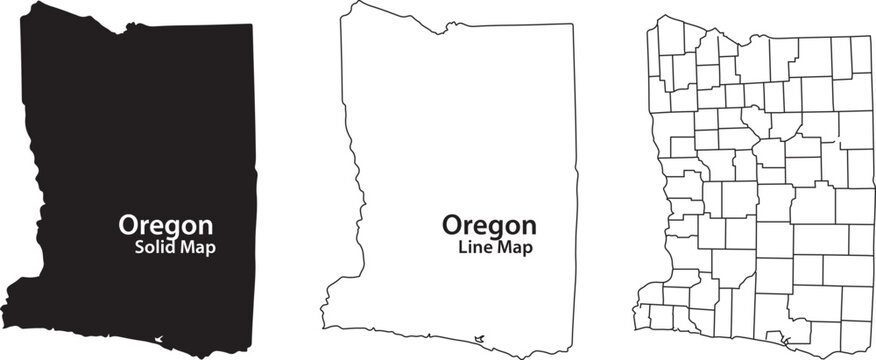 Oregon state map in three different styles including solid black line outline and county divisions on white background for geographic reference and design