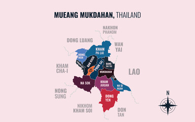 Map showing Mueang Mukdahan District Mukdahan Thailand divided into sub districts with minimalist colorful patterns