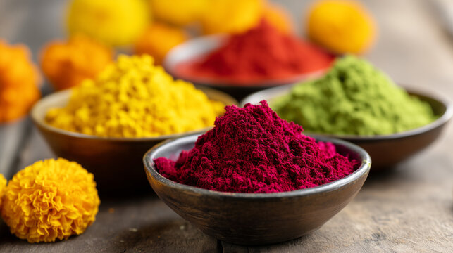 Close-up of bowls filled with vibrant organic holi powders (red, yellow, violet, green) on a rustic wooden table, marigold flowers scattered around, authentic Holi preparation, bri
