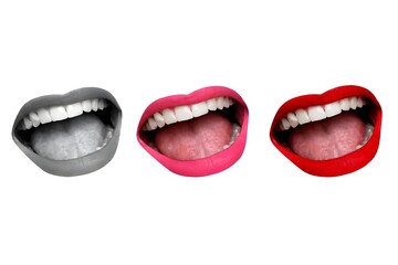 Fototapeta premium Three Open Mouths with Pink and Red Lips on White Background – Creative Beauty & Pop Art Concept