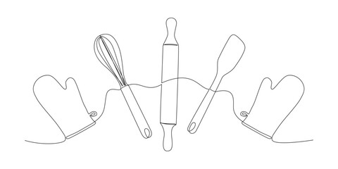 One line drawing of baking tools like rolling pin, whisk, and rubber spatula and oven mitts.