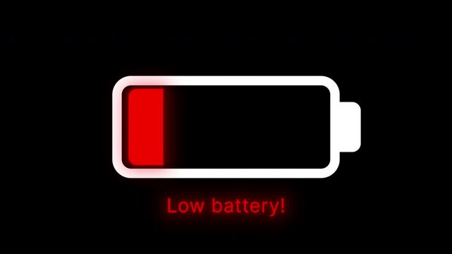 Battery icon displays low charge warning with red indicator, signaling urgent need for power, emphasizing critical status of device energy levels in digital interface