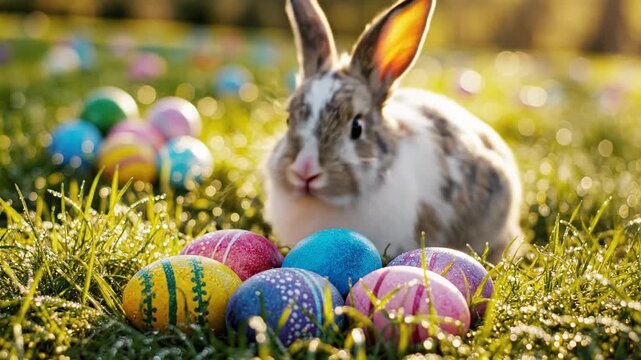 Brown-and-white rabbit among colorful Easter eggs in sunlit grass, a warm, gentle spring moment, so