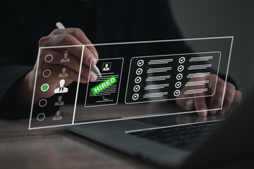 Digital recruitment process showing candidate selection, evaluation checklist, and hired approval on virtual interface for modern human resource management.