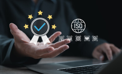 Quality assurance and ISO certification concept with approval badge, rating stars, and business standards verification for corporate compliance.