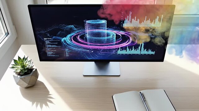 Modern iMac Computer Desktop Data Visualization Analytics Business Technology Innovation Digital Transformation Futuristic Interface Stock Video Footage Backgrounds