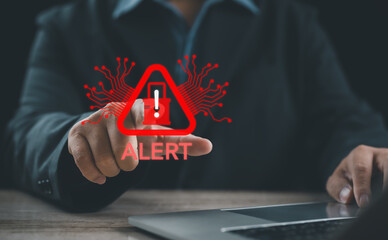 Cybersecurity alert concept with warning symbol and digital circuit elements, representing data breach risk, system threat detection, network security, cyber attack prevention, information protection,