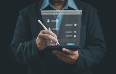 Business professional using AI chat and messaging interface for customer communication and online support. Smart automation enables real-time response, conversation management, data-driven interaction