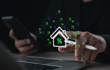Modern real estate interest rate concept showing digital house icon with percentage symbols and growth arrows, representing mortgage rates, property investment, financial planning, and market analysis