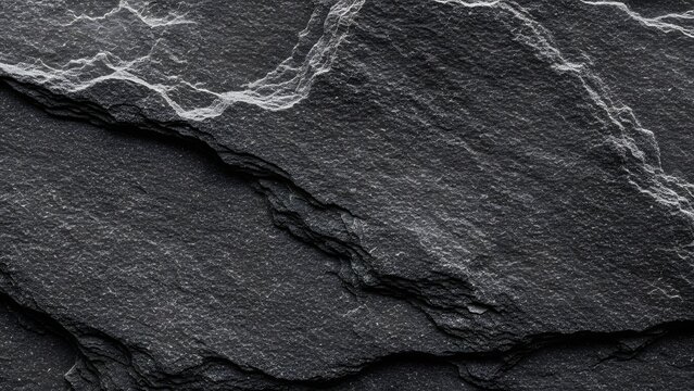 Extremely detailed close-up of natural black slate rock texture showing highly irregular layered surface structure sharp jagged edges and pronounced white crystalline mineral deposits