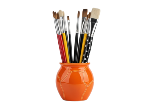 ultra-detailed, photorealistic still life of professional paintbrushes with colorful wood and polka dot handles in an orange ceramic pot, isolated against a high-key white background. concept of - Powered by Adobe