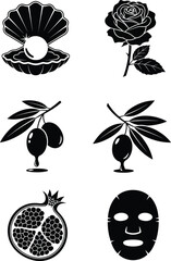 Cosmetic ingredient drop shadow black glyph icons set. Pearl in oyster shell. Rose extract. Olive oil. Sliced pomegranate. Korean beauty. Isolated vector illustrations on white space 