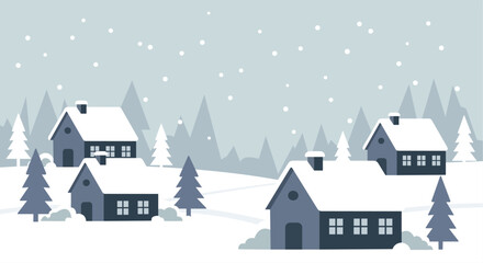 Naklejka premium Minimalist Flat Art Vector of a Snowy Winter Village Landscape. Clean and Cozy Holiday Scenery.