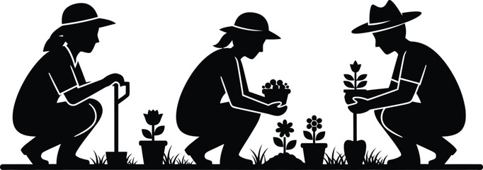 Country people crouching, farmers gardeners florists flower growers and editable line drawings in vector