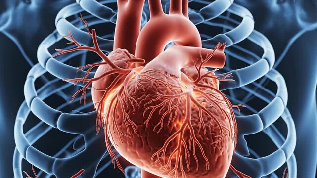 Anatomical heart illustration against skeletal structure on blue backdrop