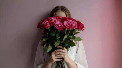 A woman holding a large bouquet of pink roses in front of her face indoors