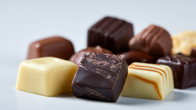 Assorted chocolates of various sizes and types slightly melting under soft natural light, placed alone on a clean plain background, elegant and appetizing mood, minimal composition