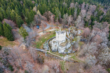 Bird's-eye view of the Wei&szlig;enstein Castle ruins, located in the middle of the forest.