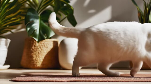 white cat finishes meditation and exercises in a studio, gets up and walks out of the frame, a minimalist yoga studio in bright sunlight, copy space for a meditation ad