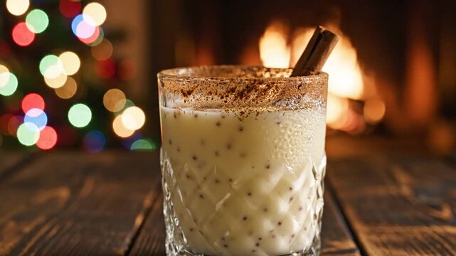 Creamy iced drink in a textured glass, cinnamon stick, warm fire, twinkling Christmas lights softly