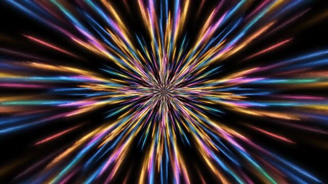 Abstract colorful light beams emanate from center on black background