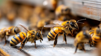 Realistic beehive close-up, with hundreds of bees clustering at a blocked hive entrance. Macro photography style with natural soft lighting and ultra-sharp detail on bee fur and wi