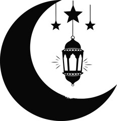 Elegant Black Silhouette of Hanging Ramadan Lantern Crescent Moon and Stars Vector Illustration Solid vector , silhouette, illustration, vector black and white on white background  