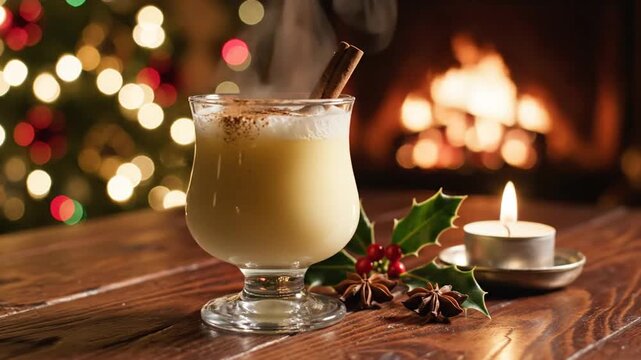 Steaming holiday drink in a glass goblet on a wooden table; warm lights glow near a cozy fire soon!!