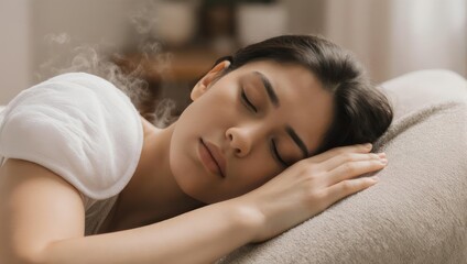 Obraz premium Young Woman Sleeping Peacefully on a Comfortable Pillow.