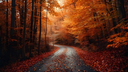 Autumn road through vibrant orange forest with fallen leaves on ground