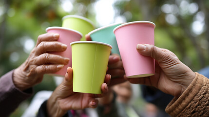Close-up of faceless hands of different ages clinking reusable coffee cups at an outdoor climate workshop, community unity, Earth Day spirit, soft bokeh forest background, sharp fo