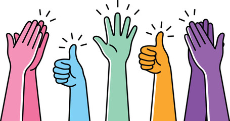 Celebration gesture icon set, colorful hands, clapping, thumbs-up, raised palms, motion lines, vector graphics, encouragement theme © S.P