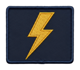 Dynamic lightning bolt patch emblem design textile isolated on transparent background