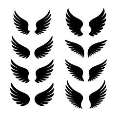 Fototapeta premium Black wing silhouettes collection — 12 pairs of stylized feathered wing vectors in solid black for tattoo designs, logo marks, fantasy art and decorative elements