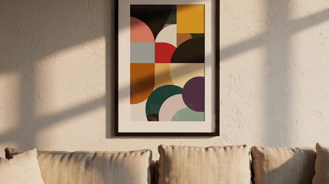 Bright living room with beige sectional sofa plush cushions, and an abstract framed wall art piece!