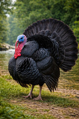 &ldquo;Black Spanish Tom Turkey with Glossy Black Plumage and Fanned Tail&rdquo;