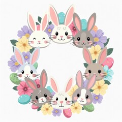 Fototapeta premium Cute pastel bunnies forming round wreath with easter eggs and spring flowers around empty center on white background, soft watercolor illustration and gentle lighting. Friendly easter greeting concept