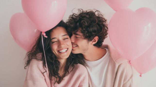 Couple enjoys time together holding pink heart balloons in cozy indoor space during celebration