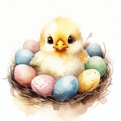 A cute, fluffy chick sitting in a nest surrounded by colorful Easter eggs. Concept of spring, new life, and Easter celebrations
