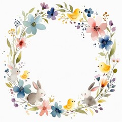 A charming and colorful illustration of fluffy yellow chicks surrounded by pastel-colored flowers in a round wreath shape. Concept of spring, new beginnings, and Easter cheer