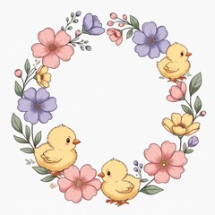 A charming and colorful illustration of fluffy yellow chicks surrounded by pastel-colored flowers in a round wreath shape. Concept of spring, new beginnings, and Easter cheer