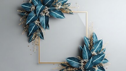 Luxury Blue Floral Frame with Golden Leaves on Soft Gray Background